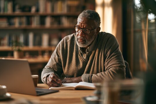 Senior Black man writing at a laptop in a cozy home office