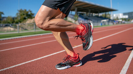Fototapeta premium Athletic man running on a modern stadium track in breathable shorts and performance sneakers, red pain indicator encircling the ankle and red highlighted knee, injury prevention and sports healthcar
