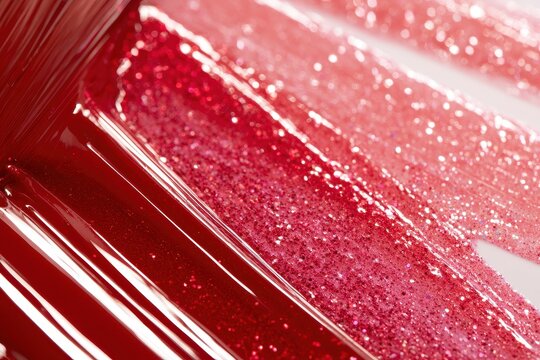 Shimmering red and pink nail lacquer brush-stroke textures with sparkling glitter, isolated on a white backdrop
