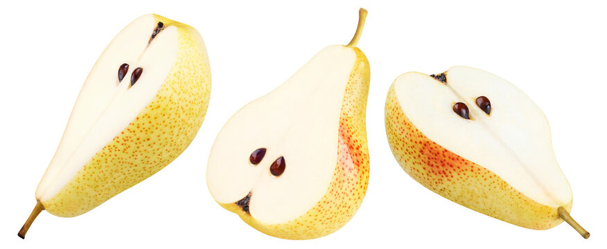 Set of three ripe pear halves with visible seeds, isolated on transparent cutout background