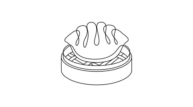 Dumpling inside a steamer basket rendered in a continuous line art drawing style.