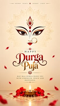 Happy Durga Puja Festival Poster with Goddess Durga Face and Floral Decoration