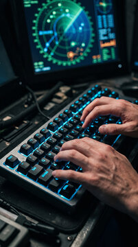 Operator Typing On Keyboard With Flight Radar Navigation Screen