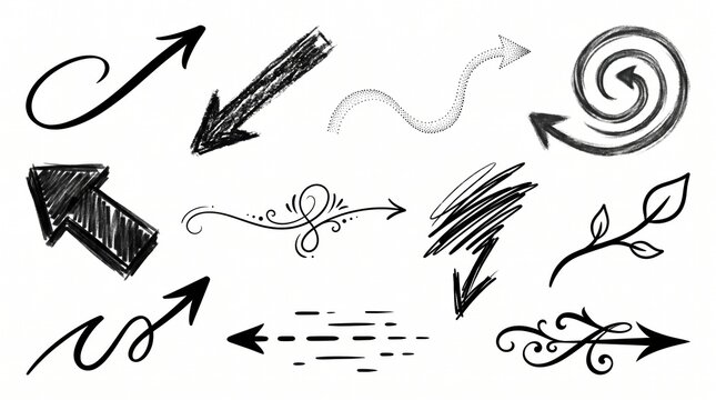 Diverse charcoal sketch arrows for artistic annotations and creative page layouts.