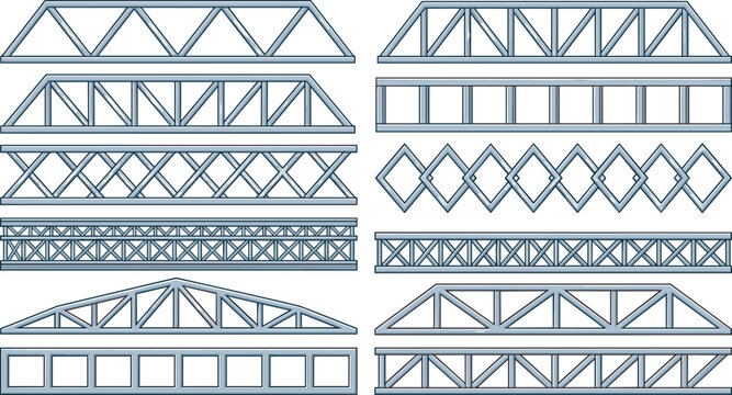 Metal Truss Bridge Construction Icon Set Featuring Steel Girder Framework Beam Support Structures and Engineering Lattice Girders for Industrial Architectural Vector Designs