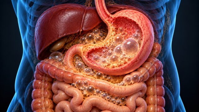 Close up view of digestive organs with glowing bubbles representing acidic reflux or stomach inflammation conditions.