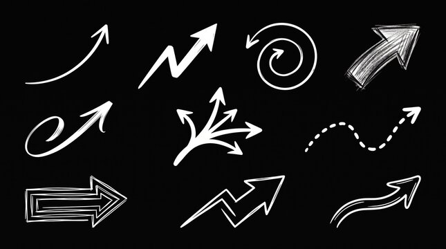 White chalk style arrow collection isolated on black background for design assets.