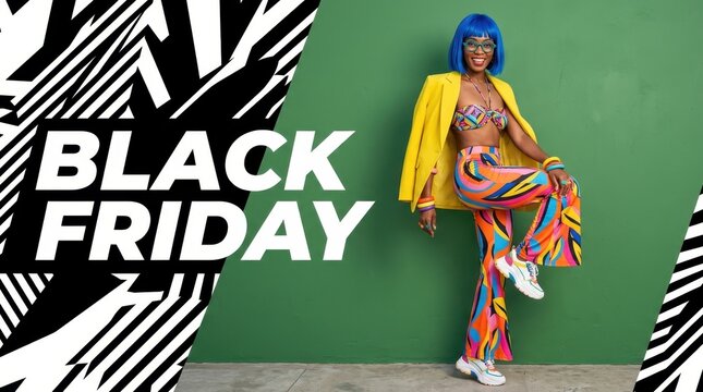 Black Friday Sale Banner with Stylish Woman in Colorful Retro Outfit and Blue Hair on Green Background