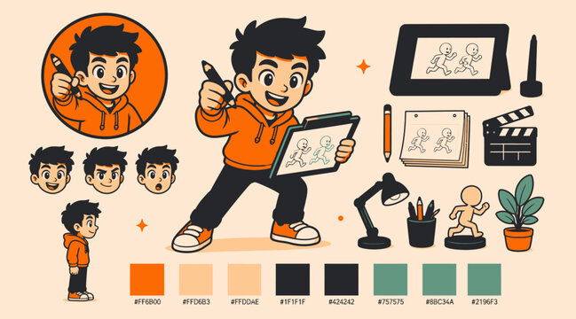 Young animator character design sheet with drawing tools.