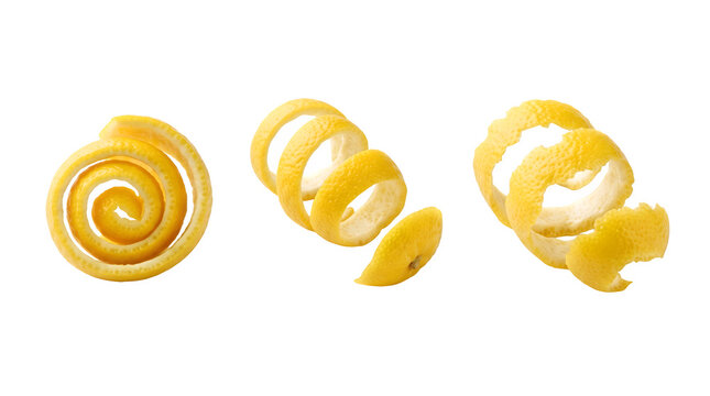 Set of fresh yellow lemon peels spiraled isolated on transparent background