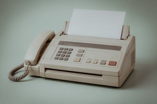 Vintage fax machine with paper on desk