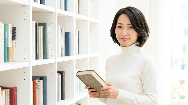 Smiling Asian woman holding a book in a bright modern library or home office