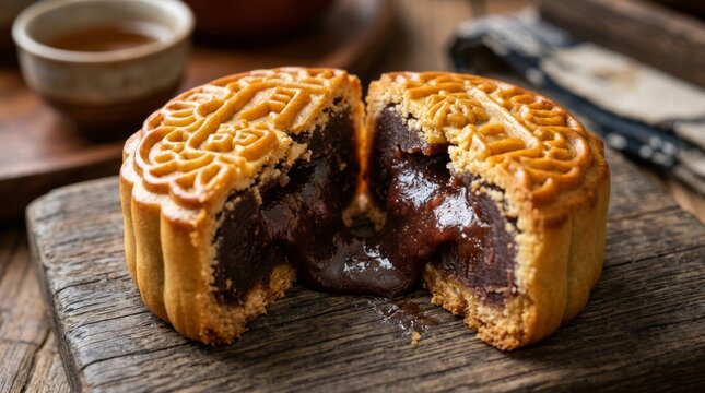 Close up of cut sweet pastry filled with dark red bean paste