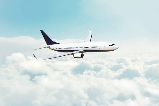 Passenger airplane, a commercial jet, in high-altitude flight above a sea of fluffy white clouds, under a bright, clear blue sky. Travel, aviation, freedom, unbranded livery on a sunny day.