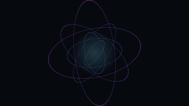 Abstract dark digital background with glowing purple and blue orbital lines representing scientific atomic motion and energy
