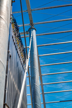 Industrial building site showing structural elements and framework during construction phase