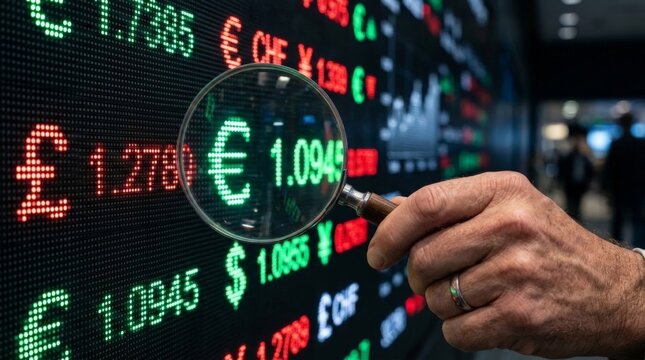 A close up view of a hand holding a magnifying glass over a digital financial board highlights the concept of trading money loss while analyzing fluctuating exchange rates