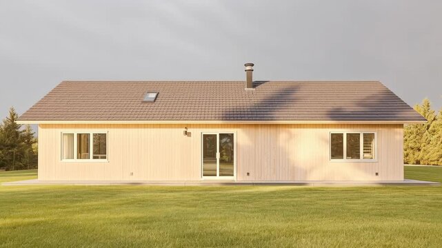 Wooden house tiled roof glass door residential lawn tree sunlight cloudy overcast sky