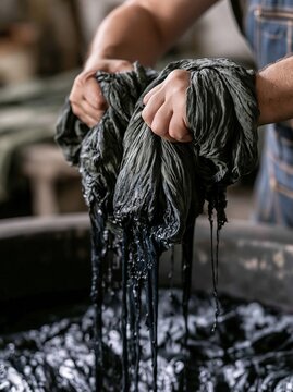 Hands wringing wet dark fabric from dye vat