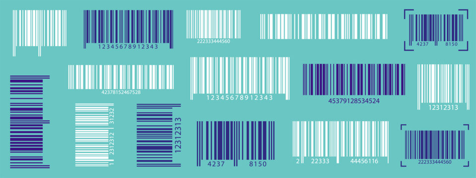 Barcode set of EAN-13, UPC, ITF symbols for store price tags. Realistic barcode icon. Scanner-ready designs with serial numbers, perfect for supermarket product labels and discount stickers.