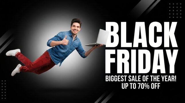 Black Friday Sale Banner with Excited Man Flying and Holding Laptop, Biggest Sale of the Year Promotional Poster Design