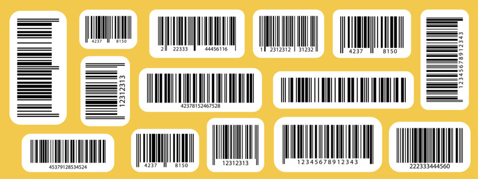 Barcode set of EAN-13, UPC, ITF symbols for store price tags. Realistic barcode icon. Scanner-ready designs with serial numbers, perfect for supermarket product labels and discount stickers.