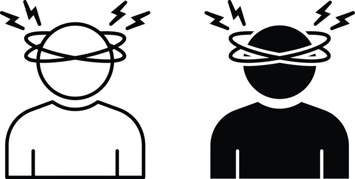 dizzy woman icon set showing vertigo symptoms headache nausea feeling unwell with spinning circles around head in outline and solid style
