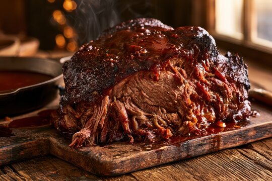 Slow-cooked beef shoulder roast with smoky barbecue glaze and tender shredded texture on a rustic platter