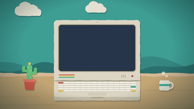 Nostalgic paper craft style vintage computer system update animation