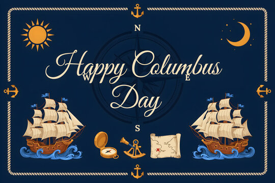 Happy columbus day greeting card featuring two sailing ships, a vintage compass, a nautical map, and a sun and moon on a dark blue background