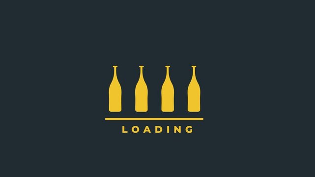 Minimalist soda beverage bottle factory loading screen with sequential liquid filling, bottle cap placement, and matching progress bar indicator on dark slate background.