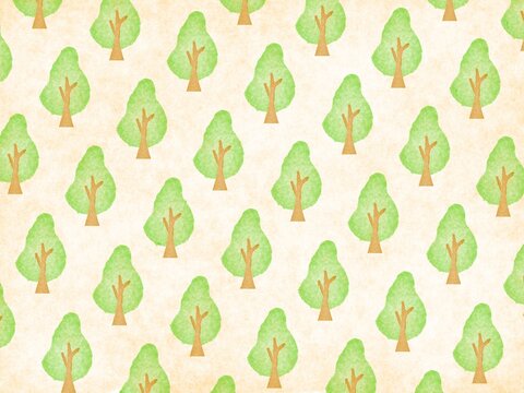ベージュをバックに緑の木が模様になった背景素材イラスト！