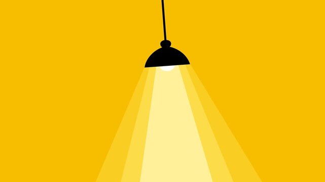 Seamless minimalist black pendant lamp swinging gently with the light cone origin fitting perfectly flush against the inner rim and bulb of the lampshade on warm yellow backdrop.