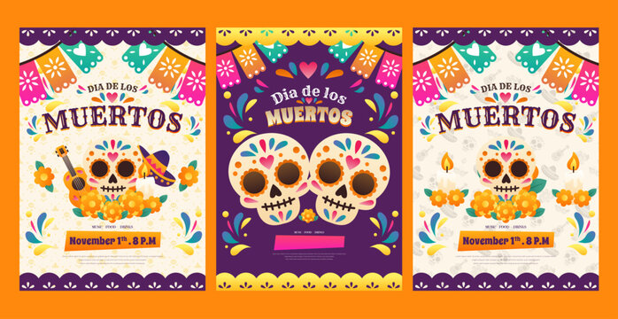 Set of Dia de los Muertos Festival Poster and Party Invitation Template with Ornate Sugar Skull