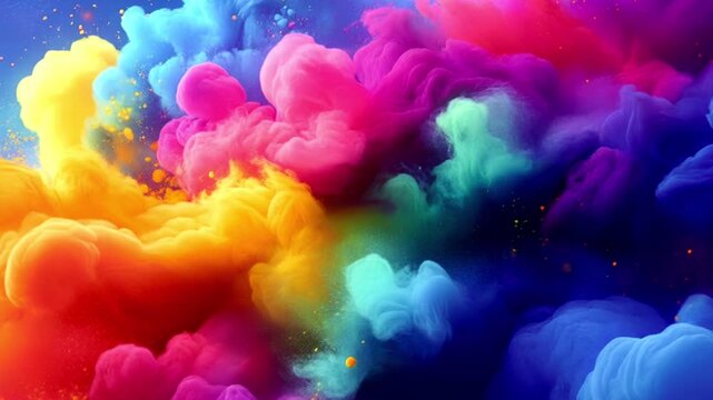 Abstract digital animation where streams of color intertwine and dissolve. Yellows, oranges and reds flash against deep purples and blues. Smooth gradients and fluid shapes create a dynamic effect