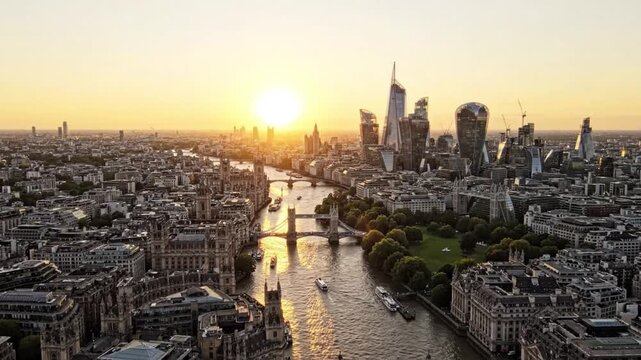 Panoramic View of London Skyline and River Thames in Bright Golden Hour Light