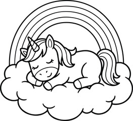 Fototapeta premium Cute sleeping unicorn on a cloud with a rainbow, black and white line art coloring page for kids