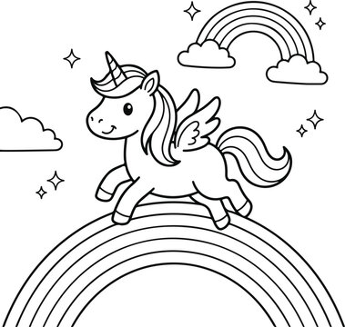 Cute winged unicorn flying over a rainbow with clouds and stars, black and white line art coloring page for kids