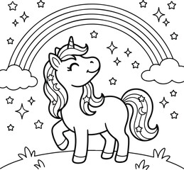 Fototapeta premium Cute unicorn standing on grass with a rainbow and stars in the sky coloring page