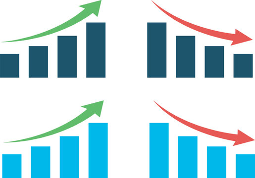 Growth and Decline Financial Bar Chart Vector Icon Set with Upward Green and Downward Red Trending Arrows for Business Report Designs
