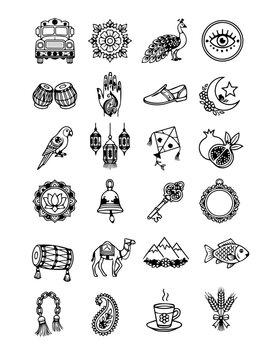 Pakistani Truck Art Icon Set - 24 Cultural Outline Icons with Truck, Peacock, Mehndi, Camel and Chai