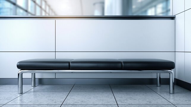Empty black leather bench in modern waiting area