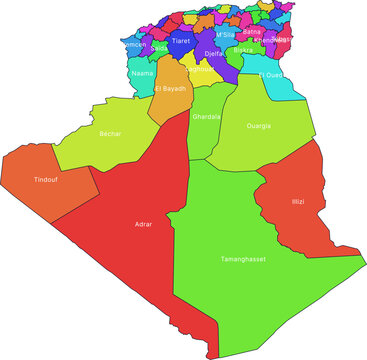Stylized Colorful Map of Algeria with Provincial Borders - Adrar, Algiers and Annaba Cartography Graphic