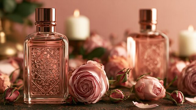 Two rose perfume bottles with roses and candles