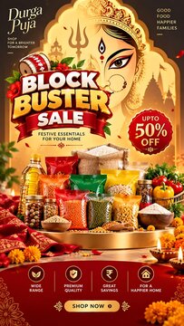 Mega Durga Puja Offer Poster with 50 Percent Off Festive Sale and Gift Products