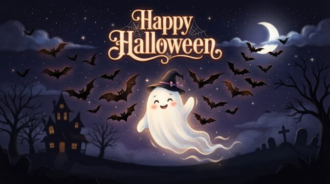 Cute cartoon ghost wearing a witch hat flying at night with bats and a haunted house halloween background spooky night cartoon chara