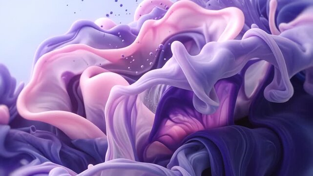 Abstract 3D animation of flowing lavender, pink, and purple ink in water. Smooth motion of colored smoke and liquid acrylic with floating spheres. Elegant motion background for presentations