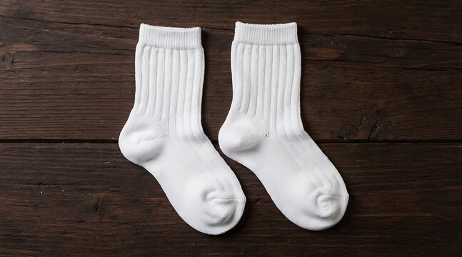 Pair of clean white ribbed cotton socks placed on a rustic dark wooden background, showcasing apparel essentials for daily wear, laundry concepts, and comfortable clothing basics for domestic life.