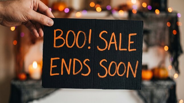 "Boo! Sale ends soon" Halloween retail discount promotion sign held in hand with festive autumn lights and pumpkin decor. AUTUMN. HALLOWEEN. DISCOUNT. PROMOTION. RETAIL. OFFER. SHOPPING.