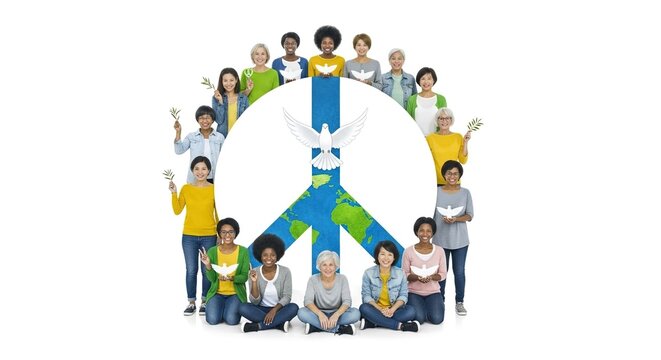 Diverse Women Unite for Global Peace: Symbolizing Harmony with Peace Sign, Earth, and Doves